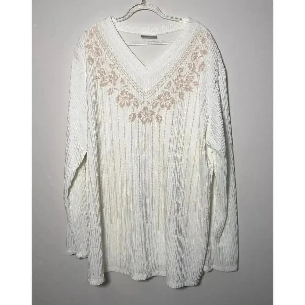 Vintage Beaded Blouse Size 2X Plus Embellished Cream Top V Neck JPLA Tunic